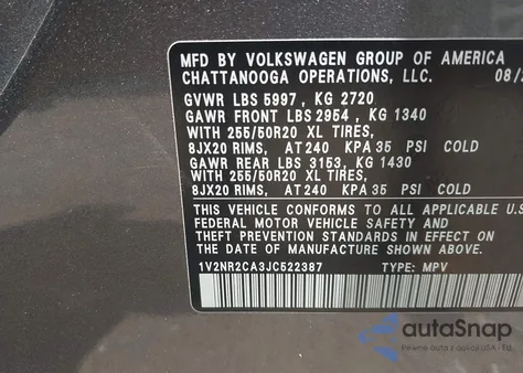 2018 Volkswagen Atlas 3.6L V6 Sel Premium из США, поврежденный, VIN 1V2NR2CA3JC522387